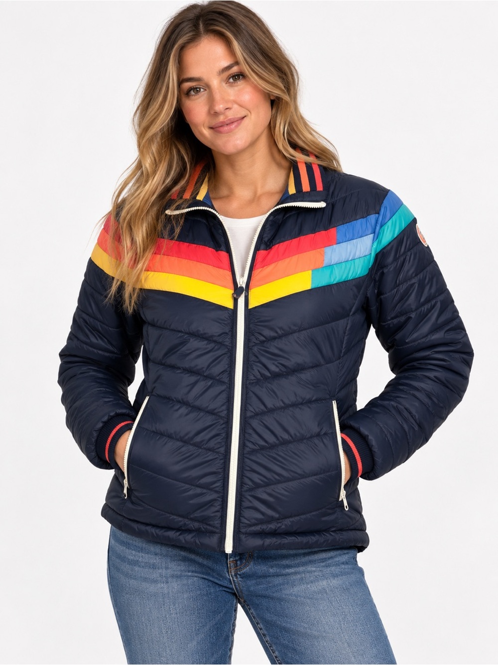 marine layer archive navy rainbow chevron puffer jacket size medium